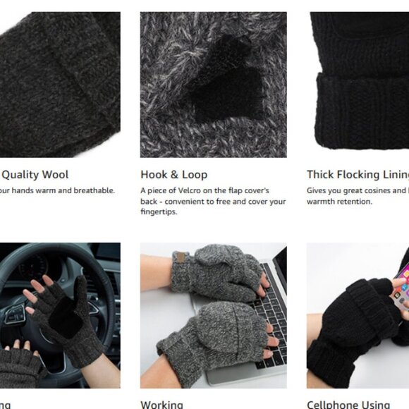 Half-Finger Flip Cover Gloves Wool Blend Knitted Winter Warm Gloves Men Women - Picture 3 of 6